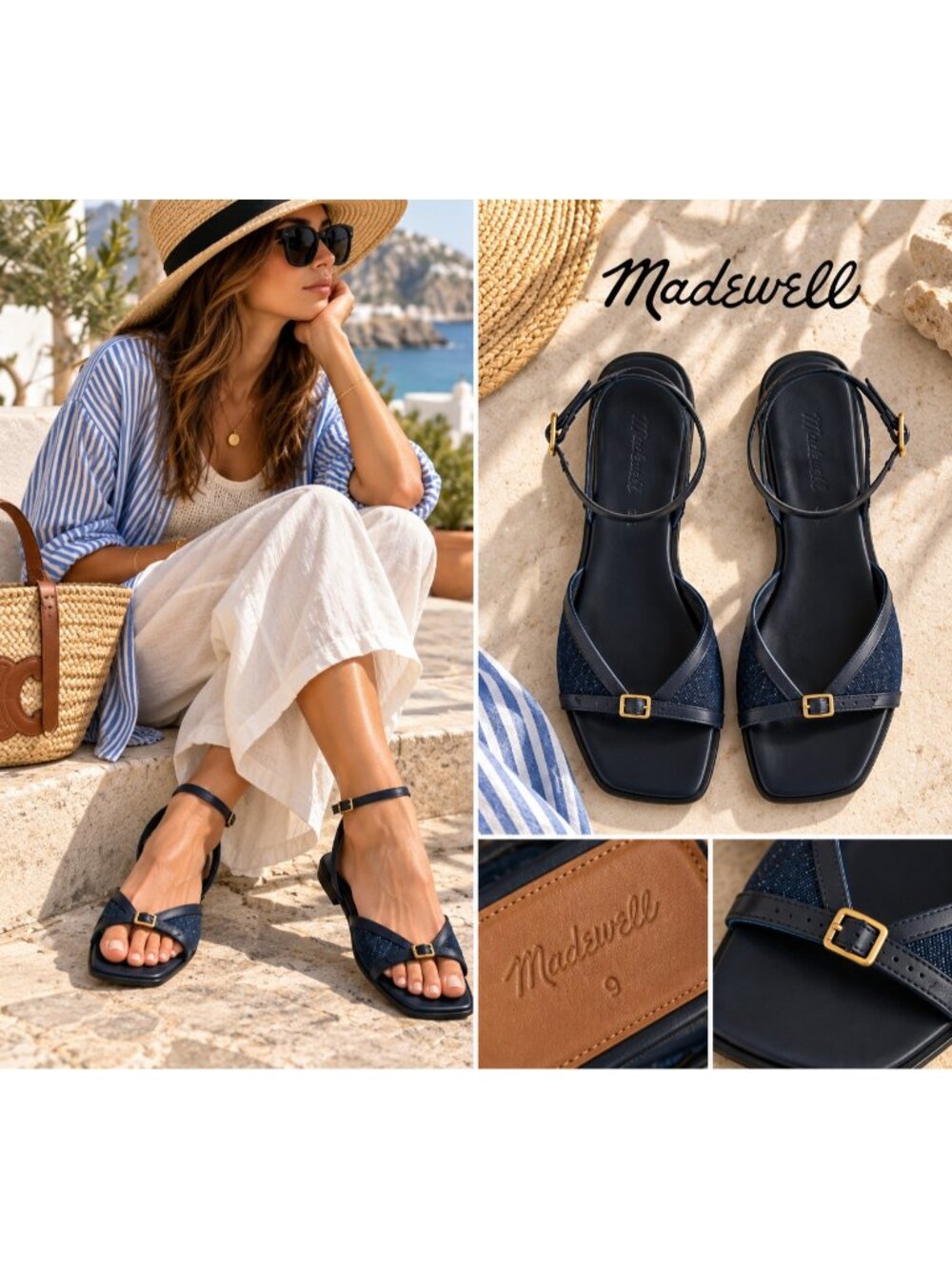 Madewell Women’s Size 9 Navy Denim Leather Square Toe Ankle Strap Sandals